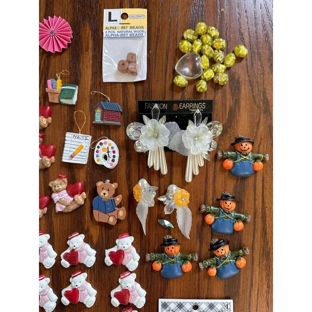 Jewelry Making/Crafting Lot Teddy Bear Flats, Foil Beads, School Ornaments, MORE